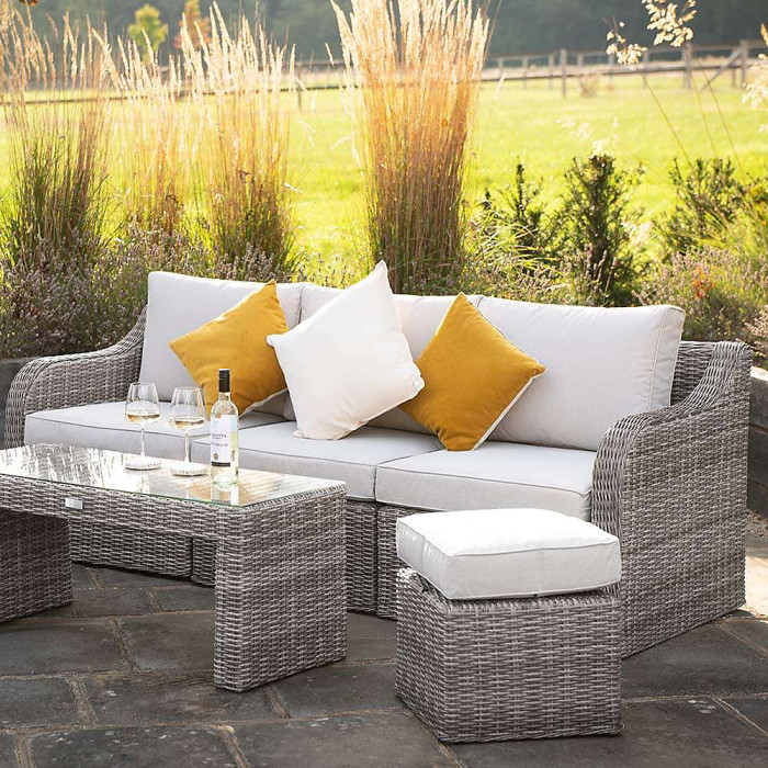 Primrose Living Luxury Rattan 5 Seater Modular Garden Furniture Sofa Set with Open Coffee Table and Footstools in Stone