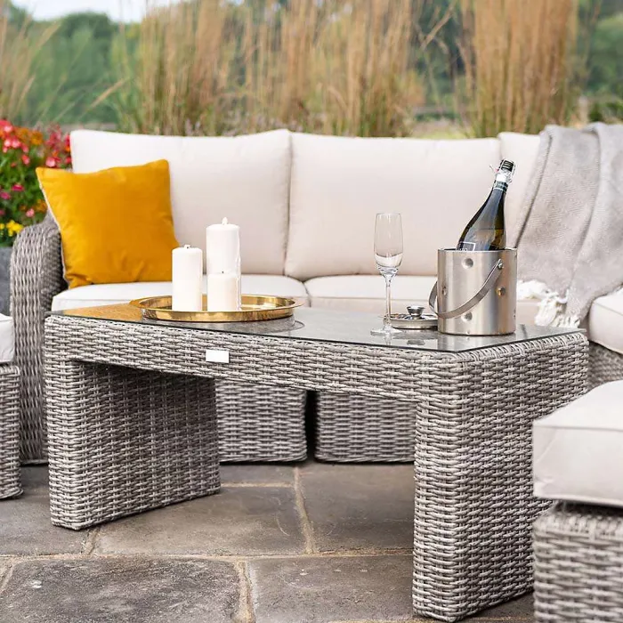 Primrose Living Luxury Rattan 7 Seater Modular Garden Furniture Sofa Set with Coffee Table and Footstools in Stone