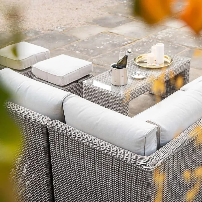 Primrose Living Luxury Rattan 7 Seater Modular Garden Furniture Sofa Set with Coffee Table and Footstools in Stone
