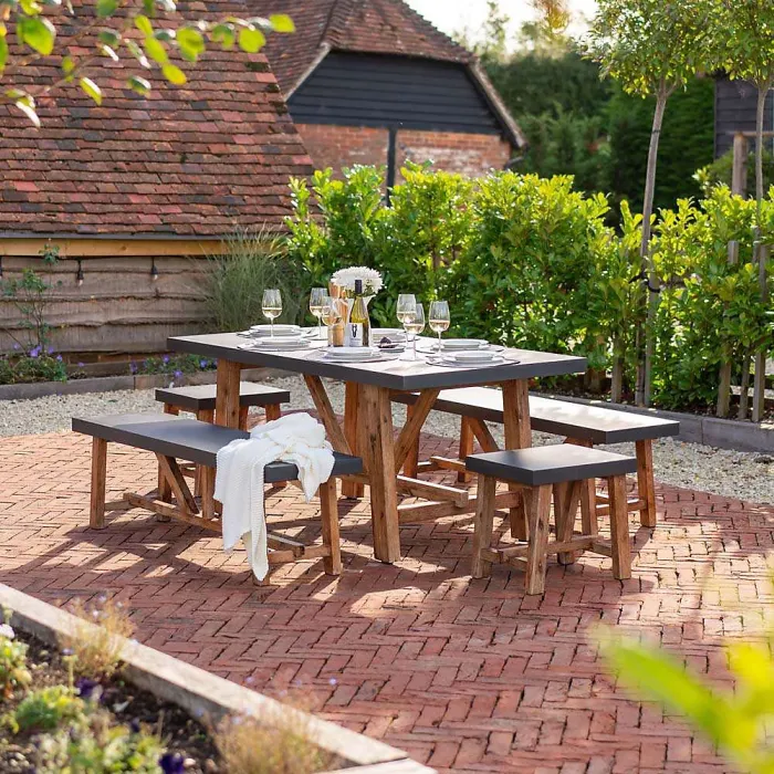 Primrose Living Acacia Wood 6 Seater Dining Set Garden Furniture 2 Benches and 2 Stools Rustic Cement Topped
