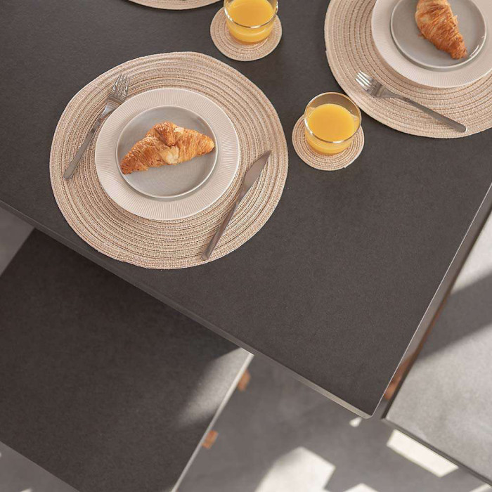 Primrose Living Acacia Wood 6 Seater Dining Set Garden Furniture 2 Benches and 2 Stools Rustic Cement Topped