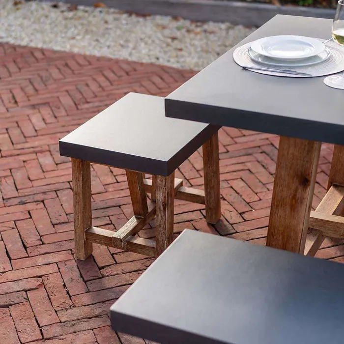 Primrose Living Acacia Wood 6 Seater Dining Set Garden Furniture 2 Benches and 2 Stools Rustic Cement Topped