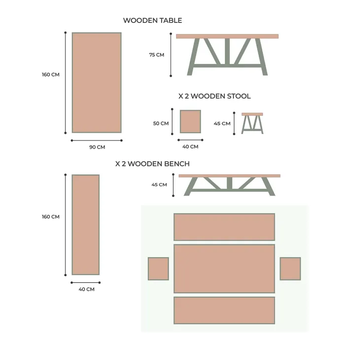 Primrose Living Acacia Wood 6 Seater Dining Set Garden Furniture 2 Benches and 2 Stools Rustic Cement Topped
