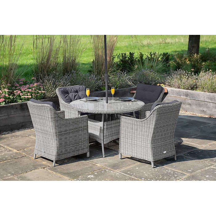 Primrose Living Luxury Rattan 4 Seater Circular Garden Furniture Dining Set in Pebble