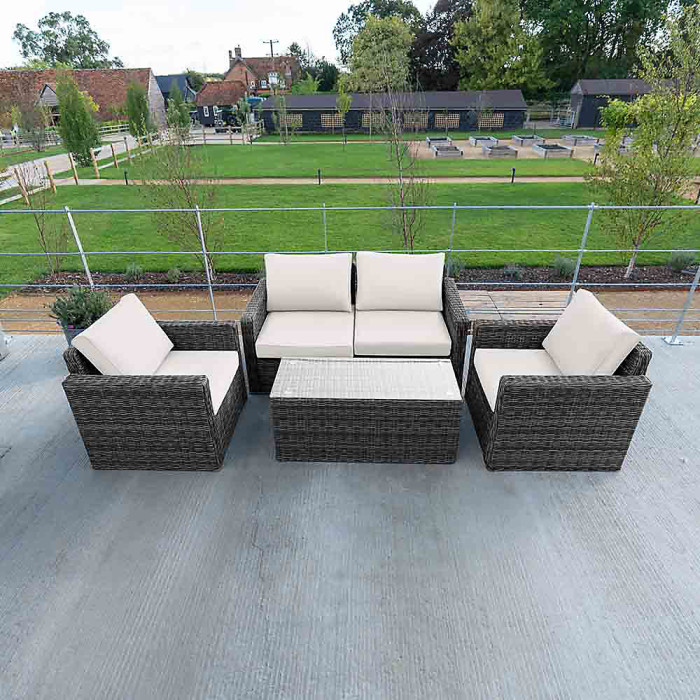 Primrose Living Luxury Rattan Iris 4 Seater Garden Furniture Sofa Set with Coffee Table in Stone