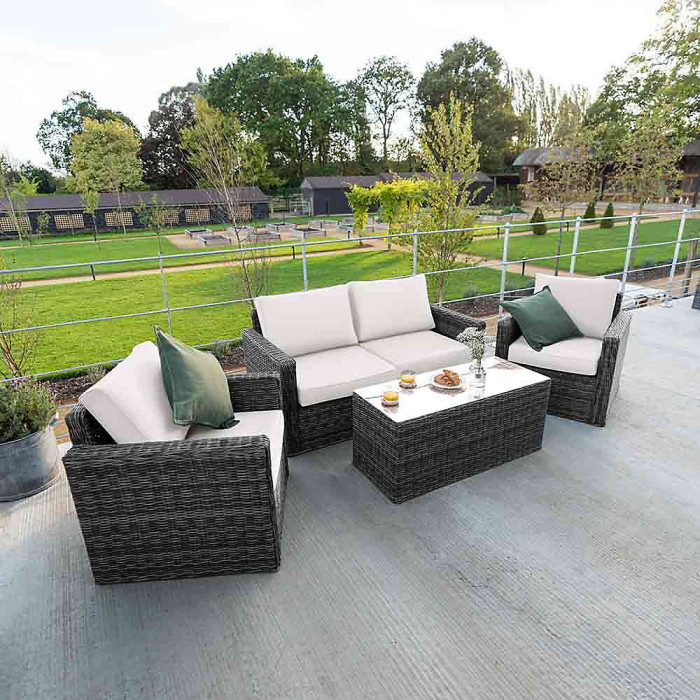 Primrose Living Luxury Rattan Iris 4 Seater Garden Furniture Sofa Set with Coffee Table in Stone