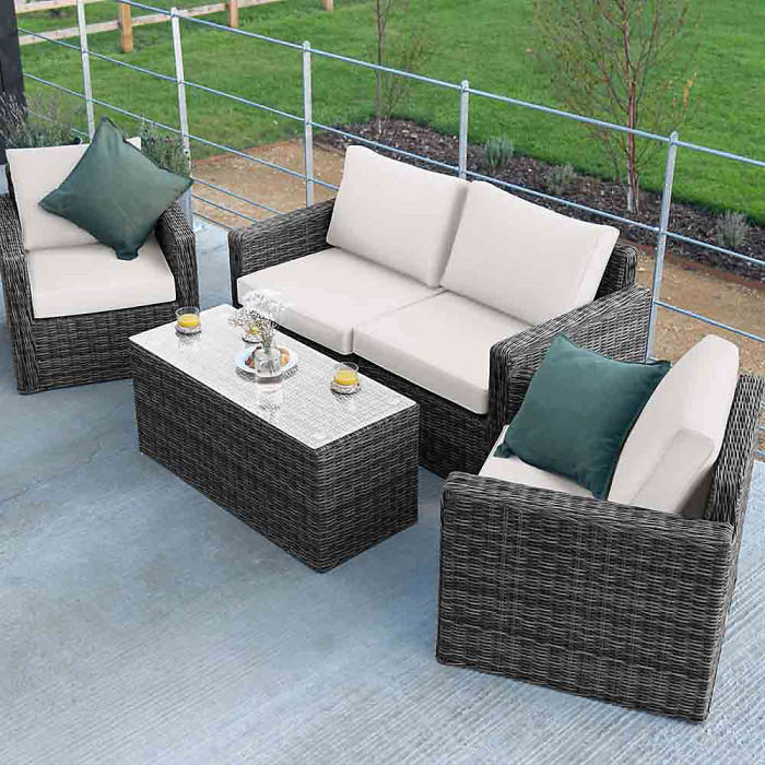 Primrose Living Luxury Rattan Iris 4 Seater Garden Furniture Sofa Set with Coffee Table in Stone