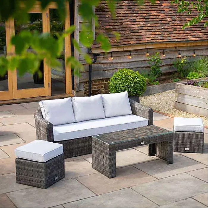 Primrose Living Classic Rattan 5 Seater Garden Furniture Sofa Set with Coffee Table and Footstools in Stone