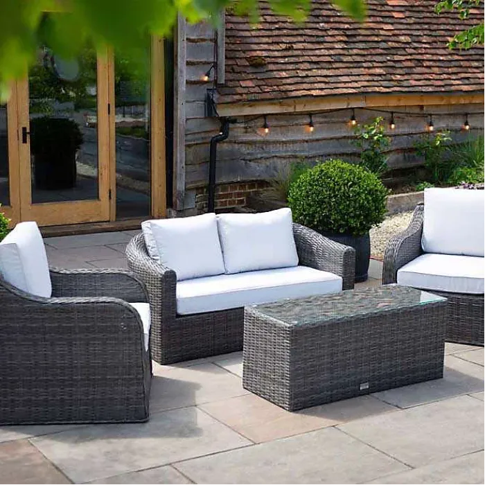 Primrose Living Classic Rattan 4 Seater Garden Furniture Sofa Set with Coffee Table in Stone