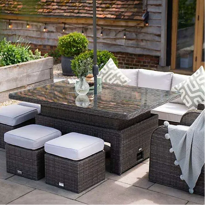 Primrose Living Classic Rattan 8 Seater Garden Furniture Sofa Set with Rectangular Rising Table and Parasol in Stone