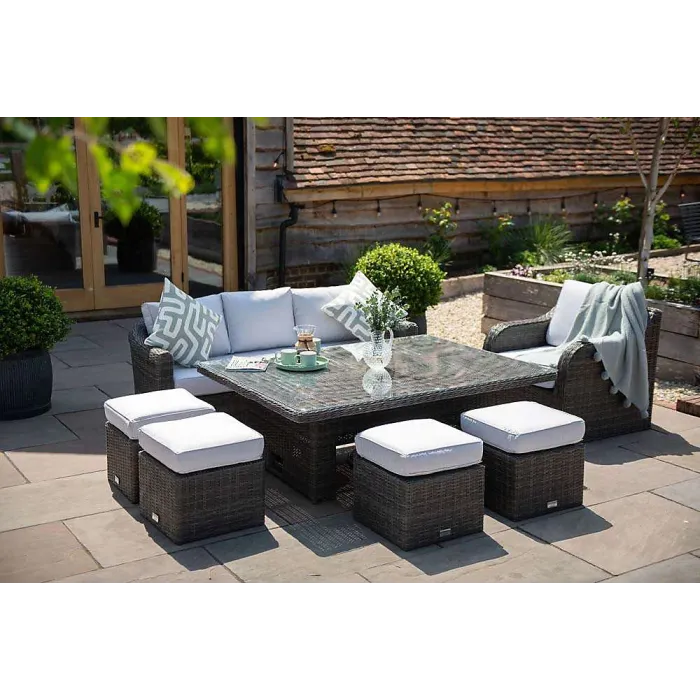 Primrose Living Classic Rattan 8 Seater Garden Furniture Sofa Set with Rectangular Rising Table and Parasol in Stone