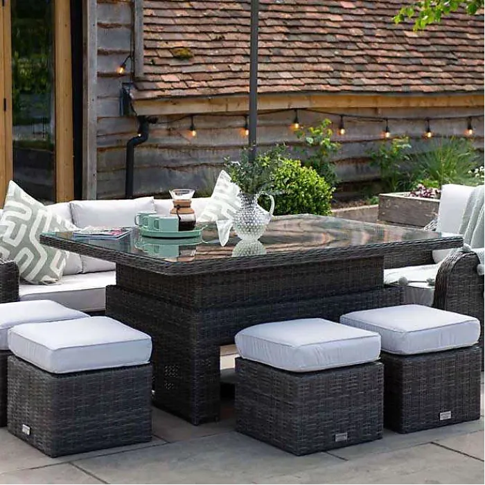 Primrose Living Classic Rattan 8 Seater Garden Furniture Sofa Set with Rectangular Rising Table and Parasol in Stone