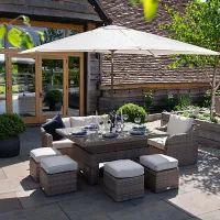 Primrose Living Classic Rattan 8 Seater Garden Furniture Sofa Set with Rectangular Rising Table and Parasol