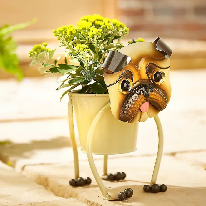 Garden Planter with Nodding Dog Design - Metal Pug Plant Pot, Wobbles Head & Wags Tail, Plant Container for Patio or Porch