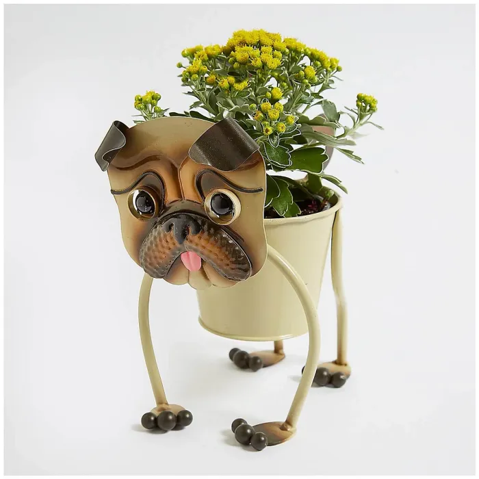 Garden Planter with Nodding Dog Design - Metal Pug Plant Pot, Wobbles Head & Wags Tail, Plant Container for Patio or Porch