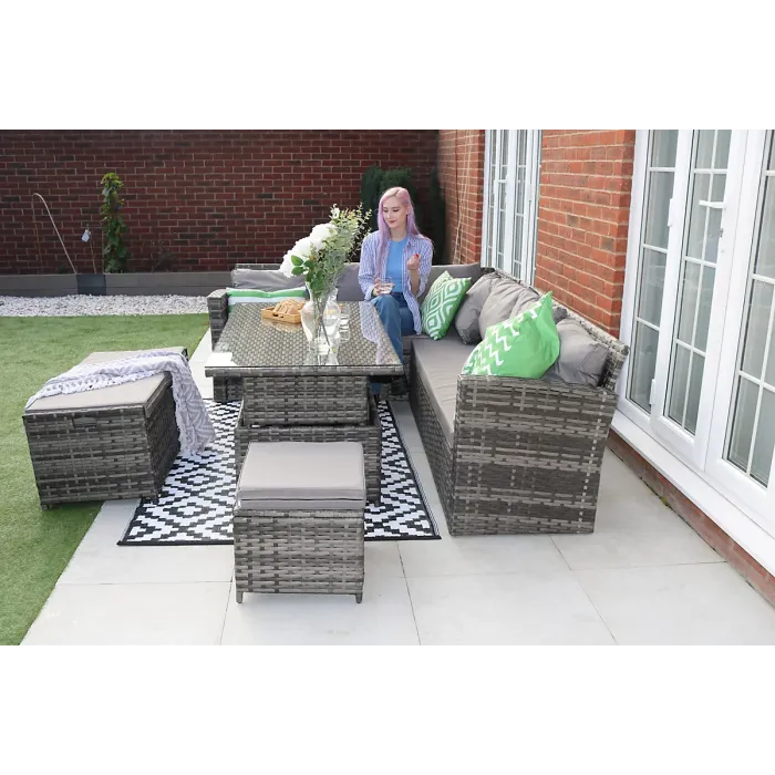 ROSEN 9 SEATER CORNER SOFA RISING TABLE & STORAGE BENCH SETS IN GREY