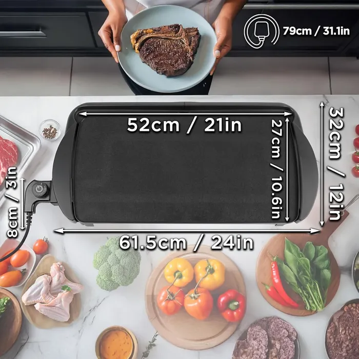Duronic Teppanyaki Grill Plate GP20, Large Non-Stick Griddle, Countertop Electric Pan, 52x27cm Indoor BBQ, Adjustable Temperature