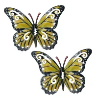 Small Yellow Metal Butterfly Garden/Home Wall Art Ornament 11x8.5cm 2pk