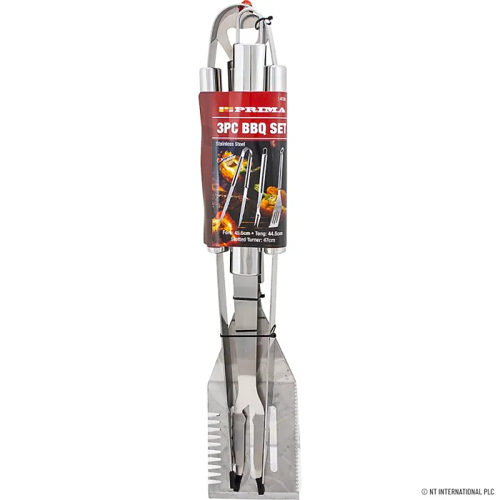 Set Of 3 Bbq Tools Stainless Steel Handles Fork Tongs Slotted Turner Barbecue Grilling