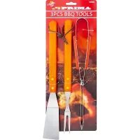 Pack Of 3 Bbq Tools Wooden Handles Turner Fork Tongs Barbecue Grilling Utensils