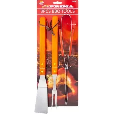 Pack Of 3 Bbq Tools Wooden Handles Turner Fork Tongs Barbecue Grilling Utensils