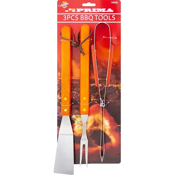 Pack Of 3 Bbq Tools Wooden Handles Turner Fork Tongs Barbecue Grilling Utensils