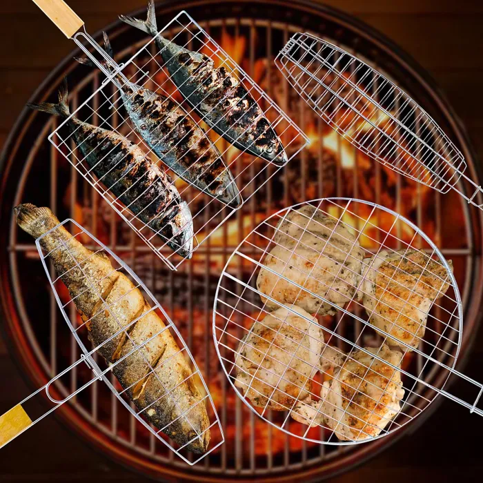 New Pack Of 4 Bbq Grills Chrome Cooking With Long Handle Burgers Fish Racks Food