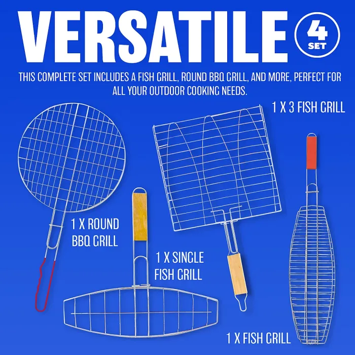 New Pack Of 4 Bbq Grills Chrome Cooking With Long Handle Burgers Fish Racks Food