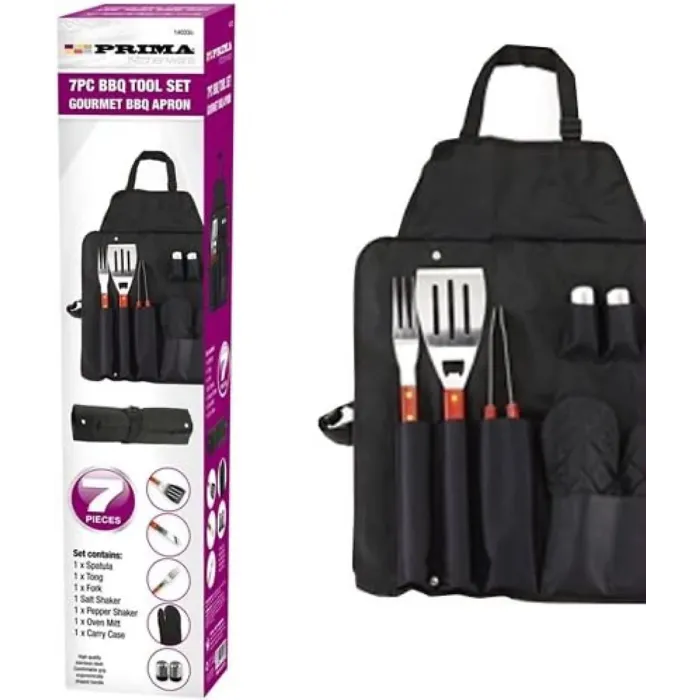 7pc Bbq Tool Set Barbecue Utensil Camping Stainless Steel Apron Cutlery