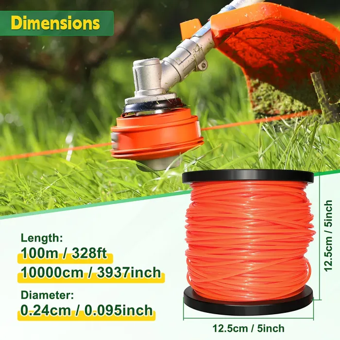 WOWLED 1 Spool Round String Trimmer Line, Nylon Weed Eater String 2.4mm x 100m, 095 Trimmer Line Heavy Duty for Lawn Mower