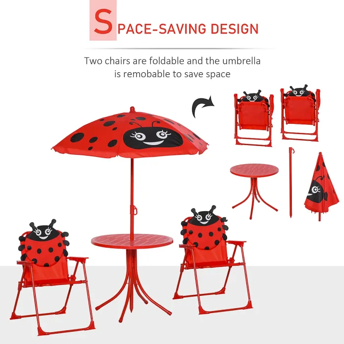 Outsunny Kids Folding Picnic Table Chair Set Ladybug Pattern Outdoor w/ Parasol