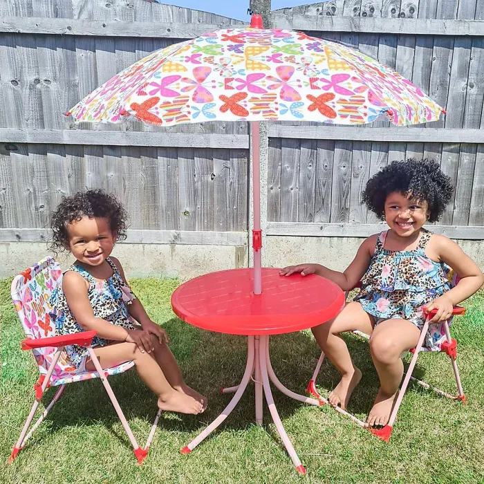 Outsunny Kids Folding Picnic Table Chair Set Butterfly Pattern Outdoor Parasol
