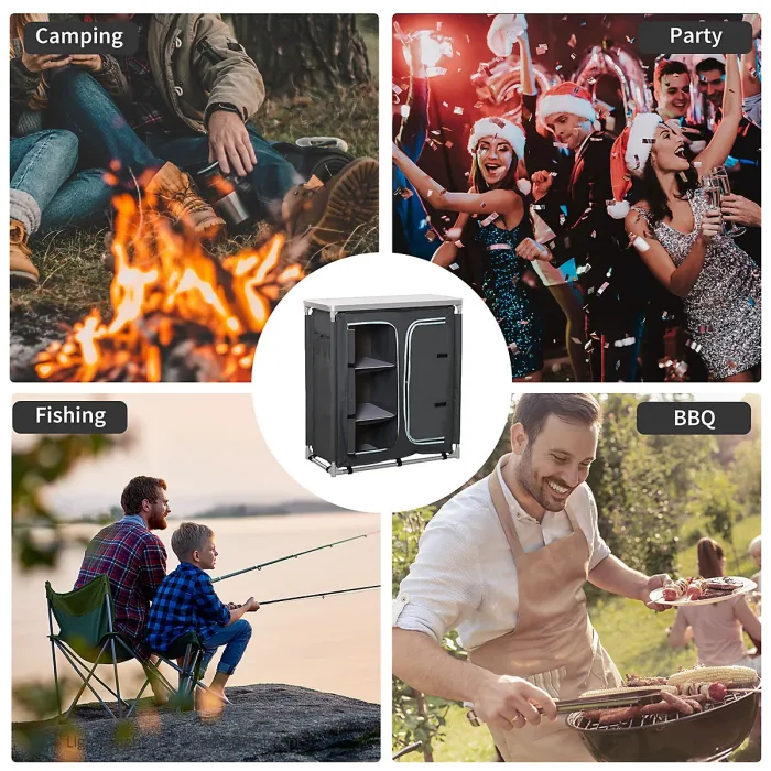 Outsunny Outdoor Aluminum 3-shelf Camping Cupboard Kitchen Station Cook Table