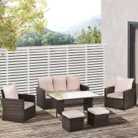 Outsunny 6 PCS Outdoor Rattan Sofa Furniture Sets with Footstool Cushions Brown