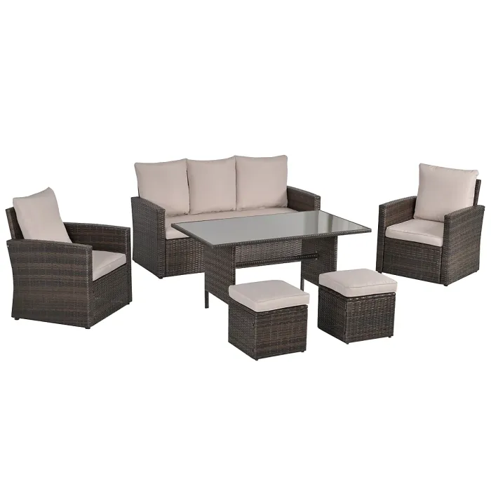 Outsunny 6 PCS Outdoor Rattan Sofa Furniture Sets with Footstool Cushions Brown