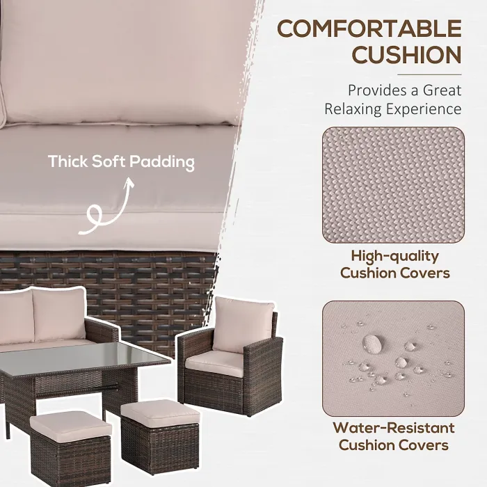 Outsunny 6 PCS Outdoor Rattan Sofa Furniture Sets with Footstool Cushions Brown