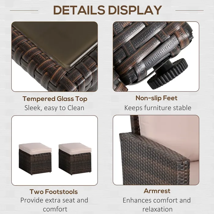 Outsunny 6 PCS Outdoor Rattan Sofa Furniture Sets with Footstool Cushions Brown