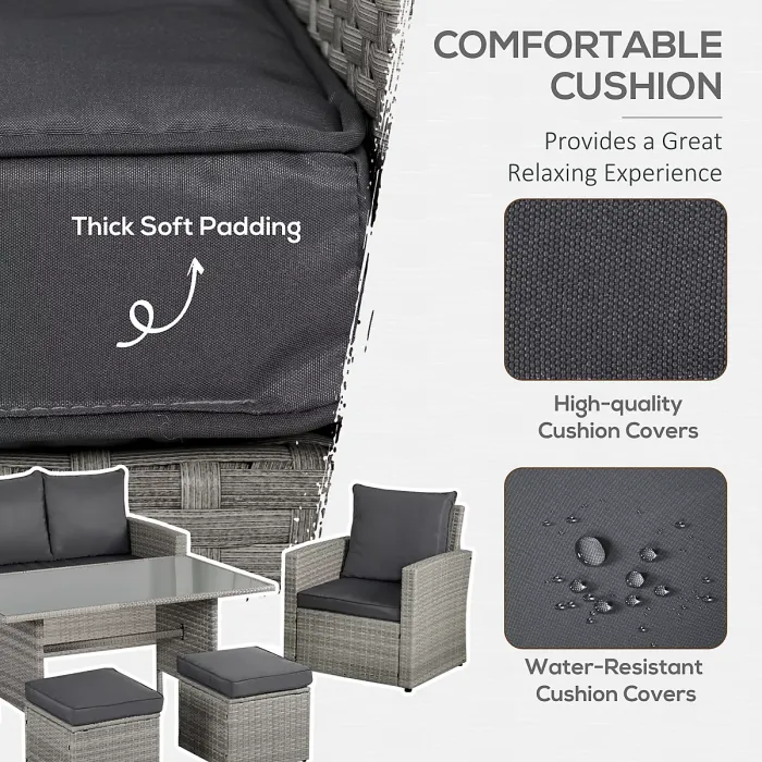 Outsunny 6 PCS Outdoor Rattan Sofa Furniture Sets with Footstool Cushions Grey