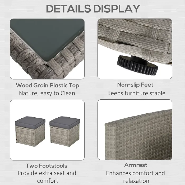 Outsunny 6 PCS Outdoor Rattan Sofa Furniture Sets with Footstool Cushions Grey