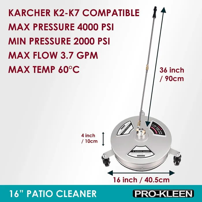 ProKleen Stainless Steel Pressure Washer Surface Patio Cleaner Attachment 16" Karcher Compatible
