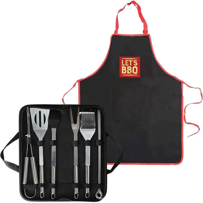 BBQ Tool Set with Case 12 Pcs BBQ Accessories Kit w/ Food Turner Fork Tongs Silicone Brush, 6x Skewers Apron Barbecue Utensils