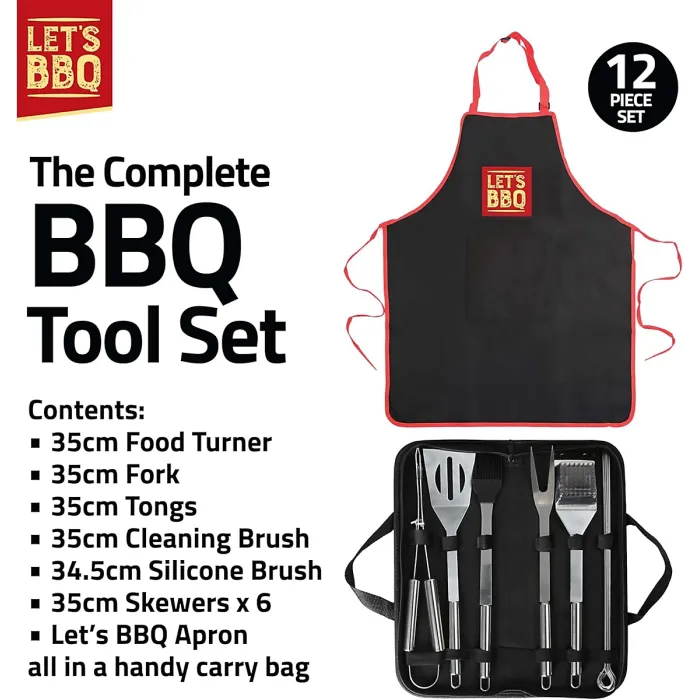 BBQ Tool Set with Case 12 Pcs BBQ Accessories Kit w/ Food Turner Fork Tongs Silicone Brush, 6x Skewers Apron Barbecue Utensils