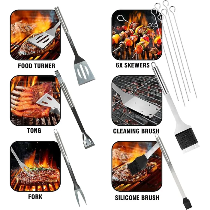 BBQ Tool Set with Case 12 Pcs BBQ Accessories Kit w/ Food Turner Fork Tongs Silicone Brush, 6x Skewers Apron Barbecue Utensils