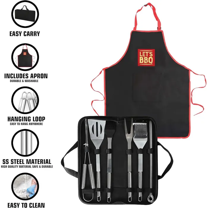 BBQ Tool Set with Case 12 Pcs BBQ Accessories Kit w/ Food Turner Fork Tongs Silicone Brush, 6x Skewers Apron Barbecue Utensils