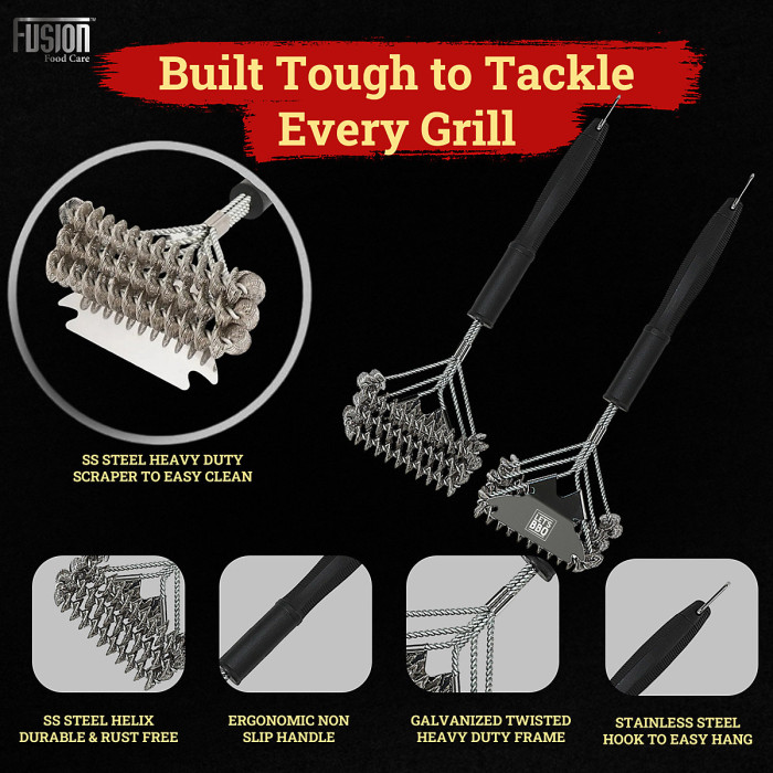 BBQ Wire Brush Wide Head with Ergonomic Handle, Stainless Steel Helix & Scraper Durable BBQ Cleaning Tool for Grates & Grills