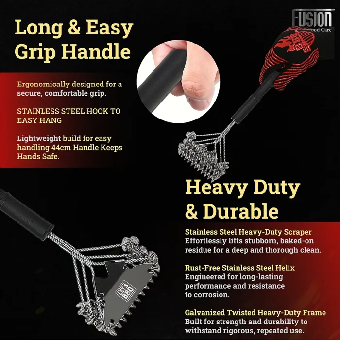 BBQ Wire Brush Wide Head with Ergonomic Handle, Stainless Steel Helix & Scraper Durable BBQ Cleaning Tool for Grates & Grills