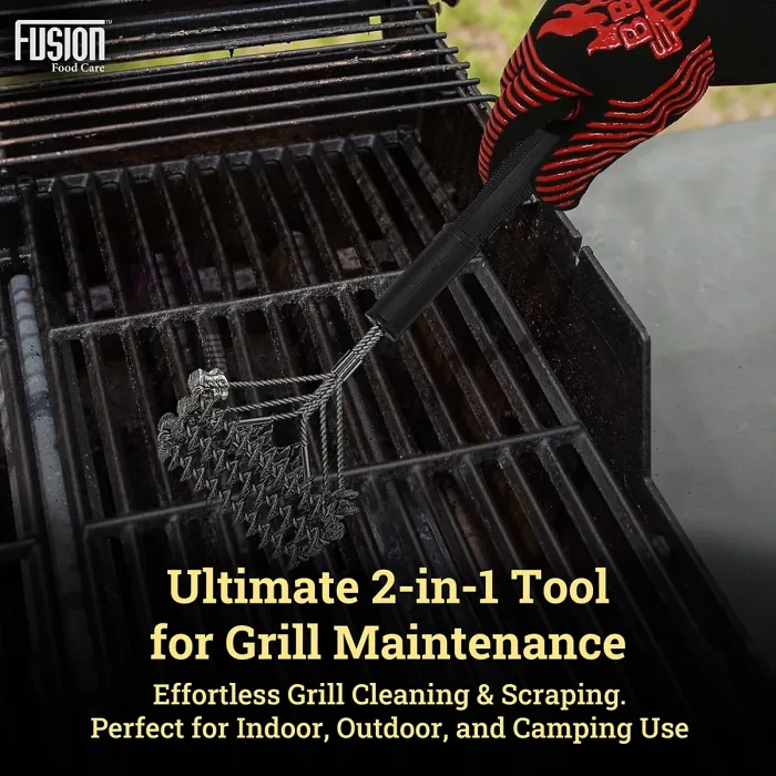 BBQ Wire Brush Wide Head with Ergonomic Handle, Stainless Steel Helix & Scraper Durable BBQ Cleaning Tool for Grates & Grills