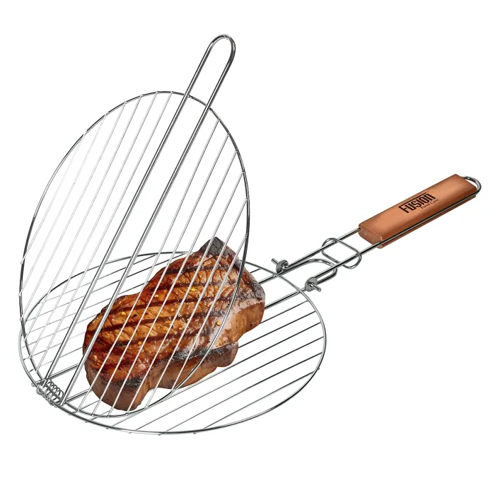 Grill Round Stainless Steel Barbeque Grill Mesh Non Sticky BBQ Grill Grate With Ergonomic Detachable Wooden Handle & Ring Lock