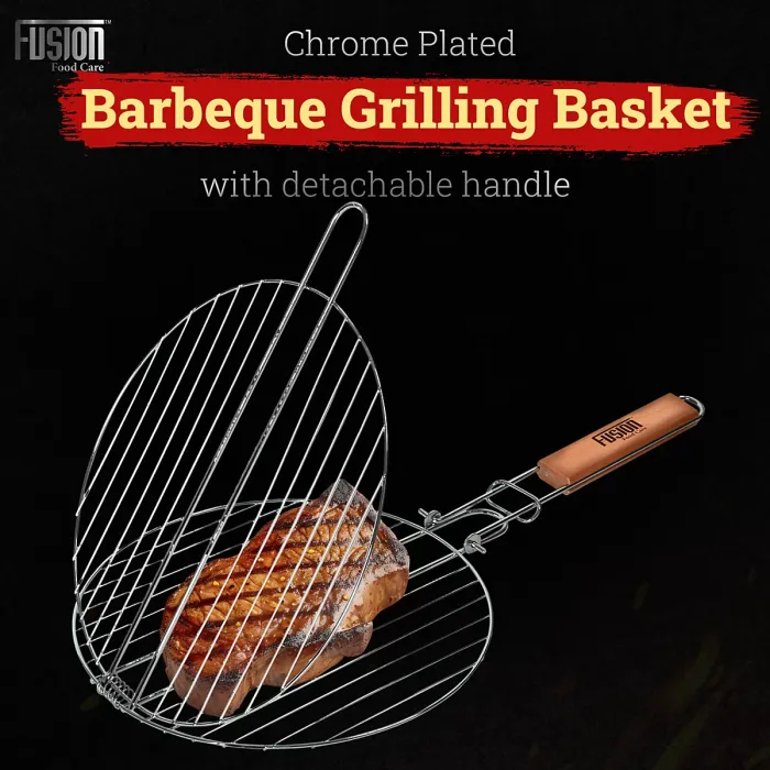 Grill Round Stainless Steel Barbeque Grill Mesh Non Sticky BBQ Grill Grate With Ergonomic Detachable Wooden Handle & Ring Lock