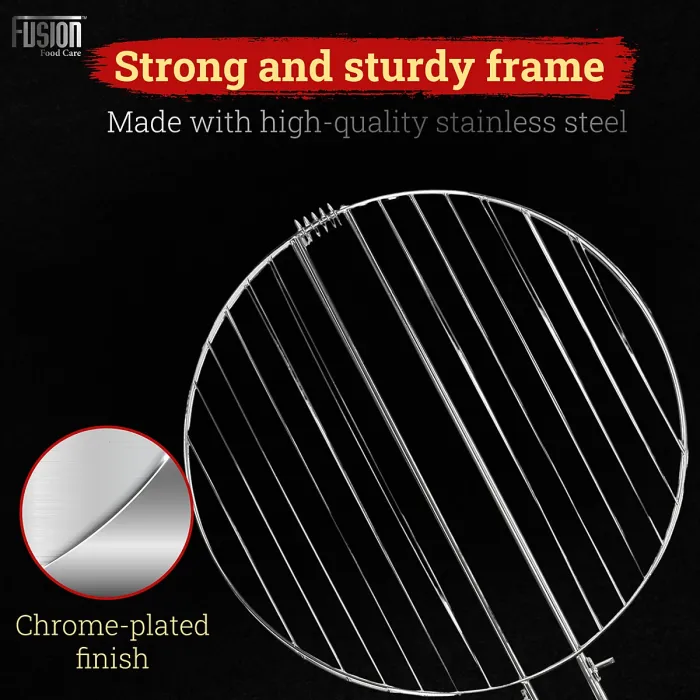 Grill Round Stainless Steel Barbeque Grill Mesh Non Sticky BBQ Grill Grate With Ergonomic Detachable Wooden Handle & Ring Lock